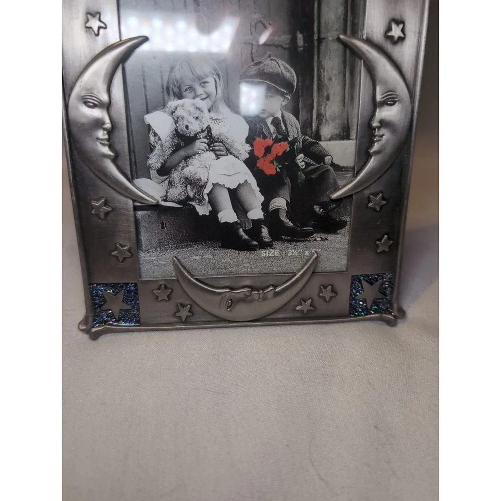Celestial Picture Frame Table Top Crescent Moons & Stars Pewter Tone 3.5x5